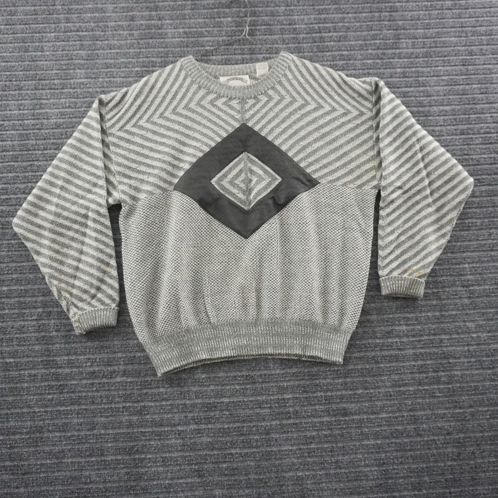 Vintage Marquis Sweater Mens M Grey Geometric Leather Patch Crewneck